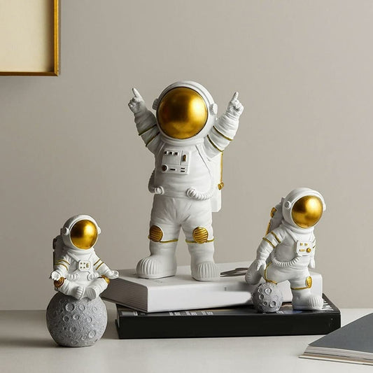 DECORI Resin Astronaut Spaceman Fantasy Statue Ornament - Set of 3 - Golden